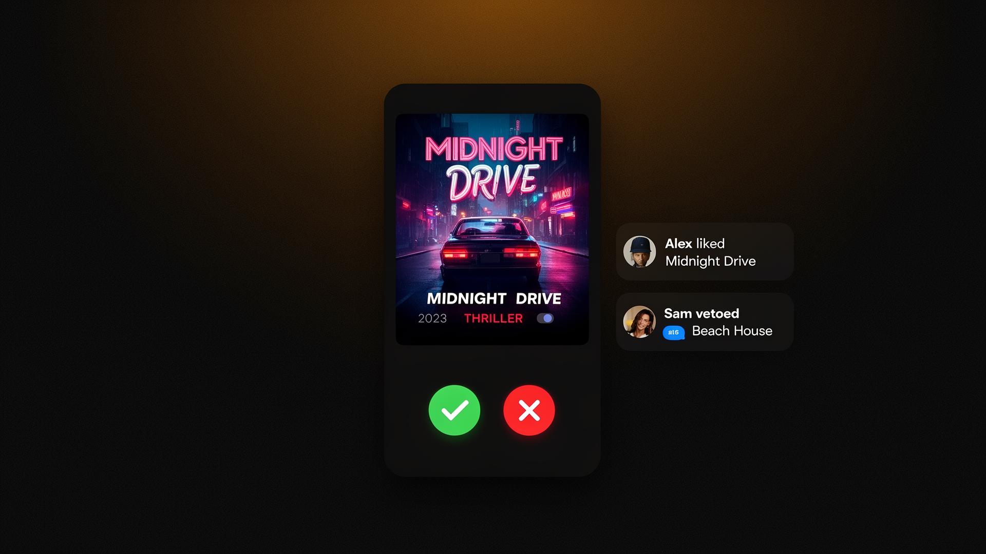 Match & Watch swipe interface preview with a movie card, like and veto buttons, and a live activity feed